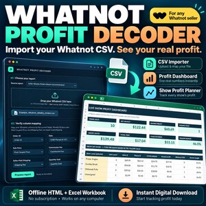 May include: A digital tool titled Whatnot Profit Decoder featuring a CSV file icon, a data import interface, and a Live Show Profit Dashboard spreadsheet. The graphic displays text including Import your Whatnot CSV, See your real profit, and Instant Digital Download.