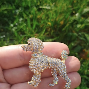 Puede incluir: Broche de caniche dorado, incrustado con cristales transparentes e iridiscentes. El broche con forma de perro tiene un collar y se encuentra sobre un fondo verde borroso.