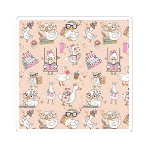 May include: Square sticker featuring a repeating pattern of cartoon geese. The geese are depicted with glasses, books, and coffee cups on a light pink background. Some geese are reading, others are on swings, and hearts are scattered throughout the design.