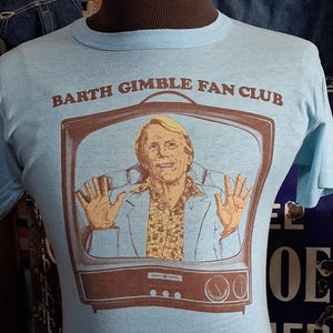 Vintage 1977 Fernwood Tonight tv-show Barth Gimble fanclub Martin Mull 70s zachte dunne grappige cartoon kunst promo t-shirt