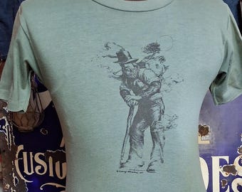 Vintage 1977 kommen Anziehungskraft Bergmann Hiker Natur Skizze Kunst Grafik weich dünn single stitch 70er Jahre T-Shirt 34 Sm