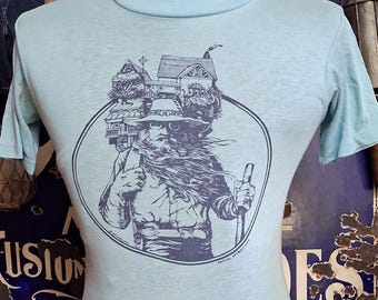 Vintage 1978 kommen Anziehungskraft Bergmann Hiker Natur Skizze Kunst Grafik weich dünn single stitch 70er Jahre T-Shirt 34 Sm