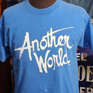 Vintage 80s Another World script promo soft Faded blue single stitch t shirt 42 L