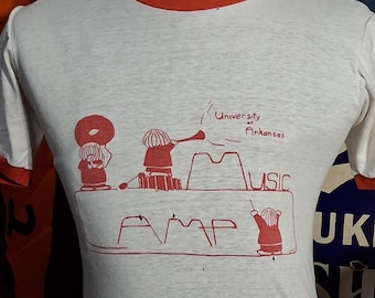 Vintage 70s University Arkansas Razorbacks Music camp musician musical instrument soft cotton ringer college t shirt 38 M