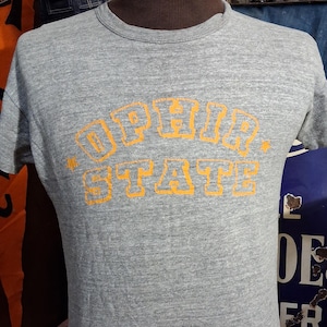 May include: A heather gray t-shirt with the words "OHIO STATE" printed in orange across the chest. The shirt has short sleeves and a crew neck. The t-shirt is displayed on a mannequin.