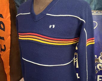 Vintage 70s 80s Hang Ten Surf Rainbow Stripe Knit long sleeve pullover surfing v neck sweater shirt 38 M