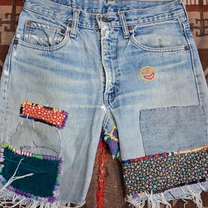 Early 80s Vintage Denim USA Levis 505 Single Stitch Reworked Boho Patchwork Festival Handcrafted and One of a Kind Denim shorts 29 waist