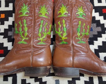Vintage 90-tals Montana brunt läder med kaktusinlägg Western Rodeo Cowboystövlar Herr 9,5 D Dam 11