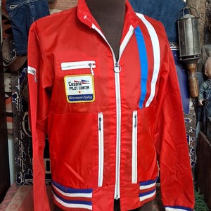 Vintage 1970s Denton Texas Flyers Pilots Cessna Airplane jet Patches Racing stripe nylon zip up jacket 42 L