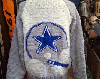 Vintage 1960s 70s Dallas Cowboys NFL Football Full Zip Cowichan knit sports fan Rare shawl collar sweater jacket 46 XL