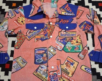 Chaqueta infantil estilo western vintage de los años 60 y 70, con estampado novedoso de dulces y estilo pop art, de algodón y mezclilla, con dos bolsillos.