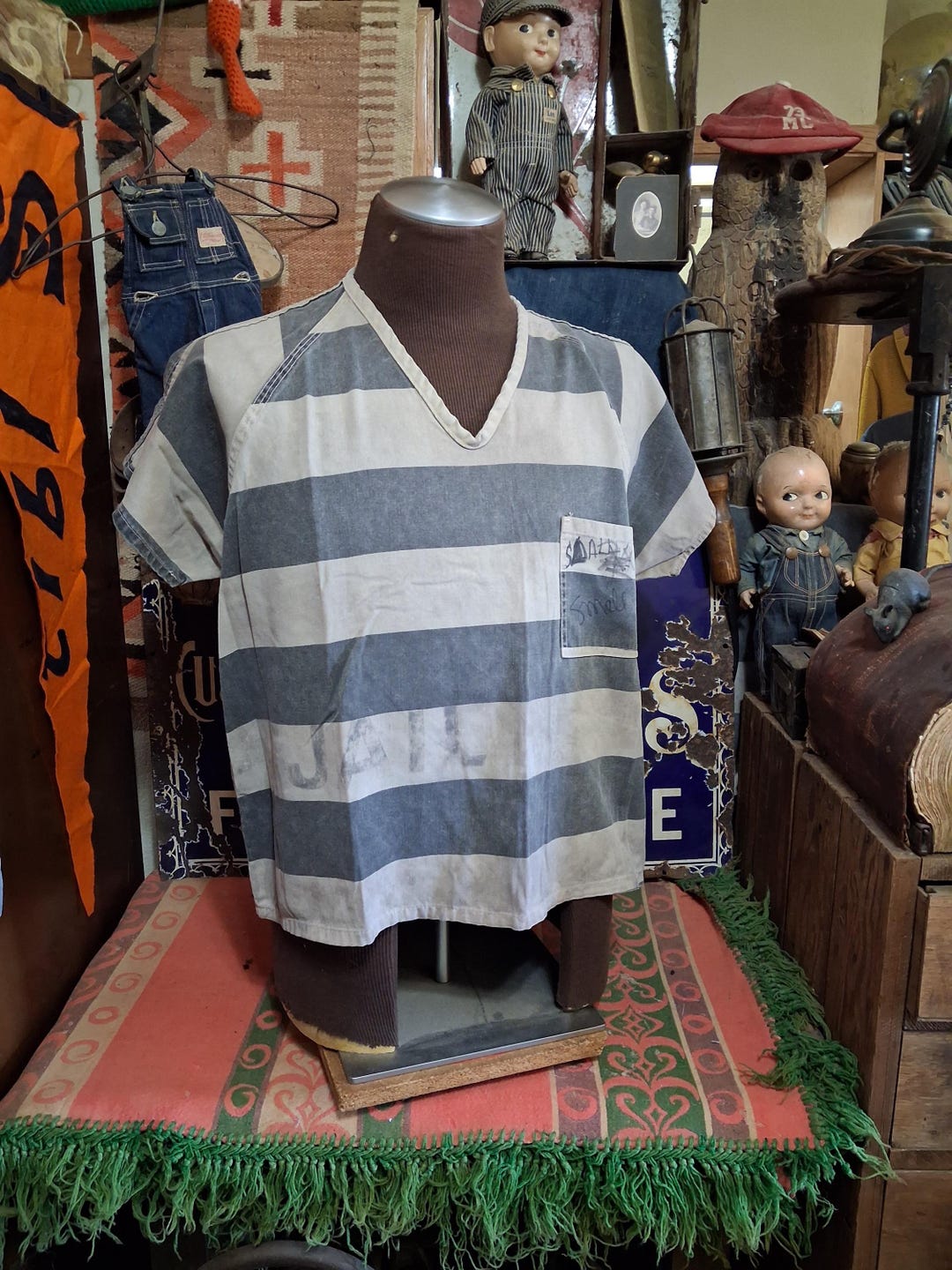 Retro Inmate Uniform Vintage 1970s Stencil JAIL Prison Stripe Cotton Blend Boxy V Neck ...