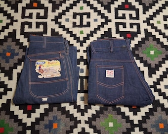 Lote de 2 vaqueros de carpintero vintage de la década de 1940 y 1950, de Test Brand Workwear, sin lavar, color índigo oscuro, cintura: 25-26 / entrepierna: 25