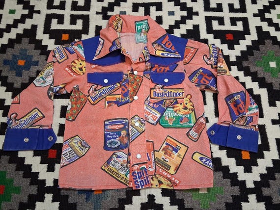 Vintage 1960s 70s Novelty crazy candy Pop art cotton denim 2 pocket western kids childs jacket
