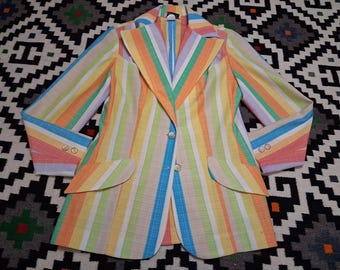 Vintage 70s Rainbow Striped Blazer Copley Square Pastel Mod Single button Summer Sport coat