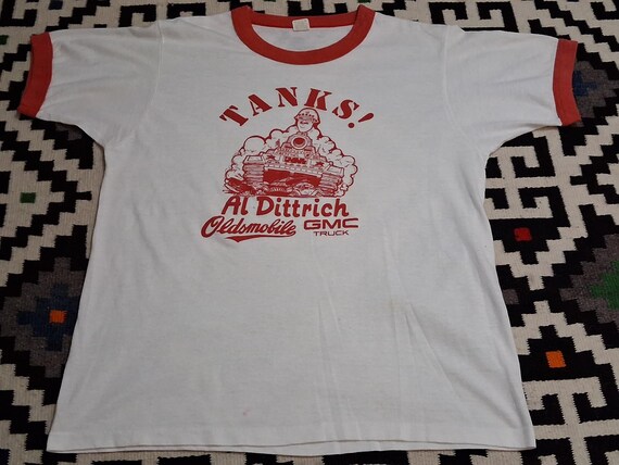 Vintage 80s TANKS Al Dittrich Oldsmobile Car Dealership Army Tank cartoon graphic soft paper thin single stitch ringer t shirt 40 M View 4