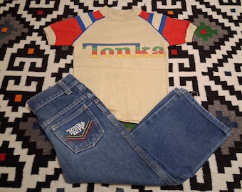 Vintage 80er Jahre Tonka Trucks Marke t shirt Baby Kinder Denim Jeans Shirt Set