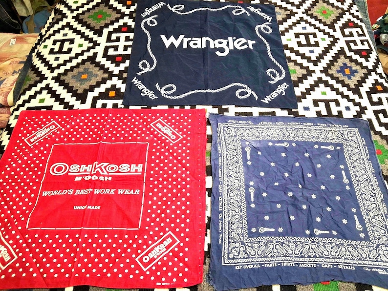 3 Vintage 40er 70er 80er Jahre Denim Workwear Key Wrangler Osh Kosh Kleidung Werbung Bandana Taschentuch Lot Bild 1