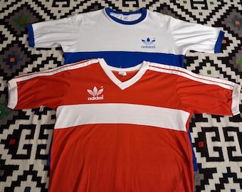 2 Vintage early 80s Adidas Tre Foil Soccer B boy breakin v neck crew color block cotton blend t shirt lot 40 M