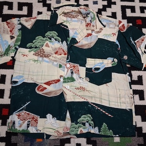 Camisa hawaiana vintage de seda de los años 40/50, fabricada en Japón, con cuello y botones, talla 34.