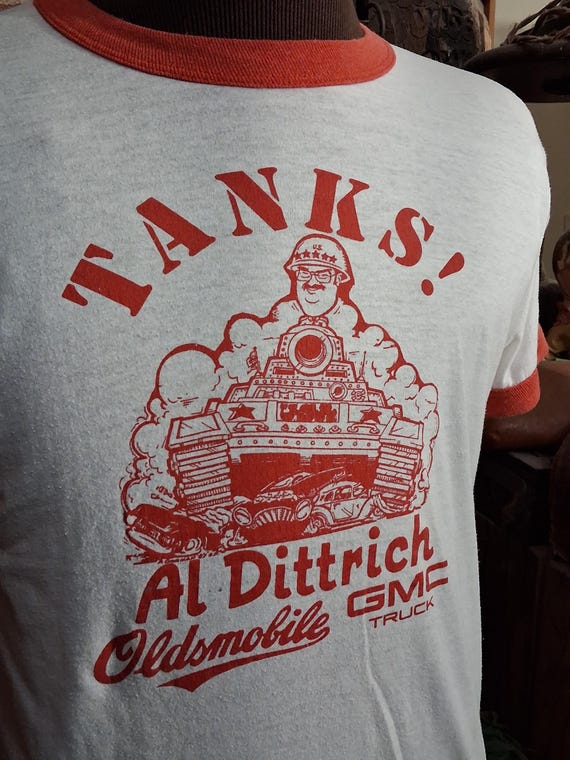 Vintage 80s TANKS Al Dittrich Oldsmobile Car Dealership Army Tank cartoon graphic soft paper thin single stitch ringer t shirt 40 M View 2