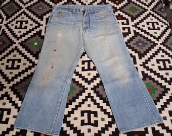 Vintage jaren 60/70 Roebucks leren patch vervaagde indigo denim ranch werkkleding cowboyjeans 32 x 25