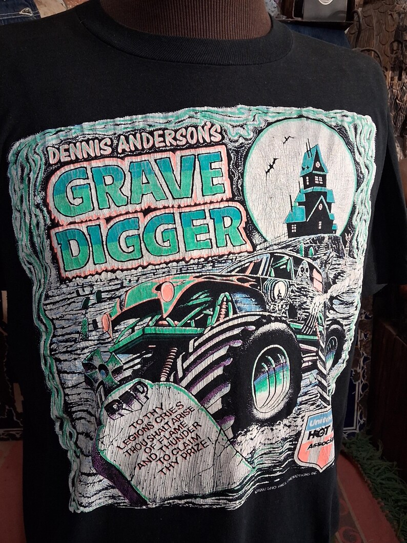 Vintage 1992 grave Digger MOnster Truck Dennis Anderson Hot rod racing 90s single stitch t shirt 42 L image 5