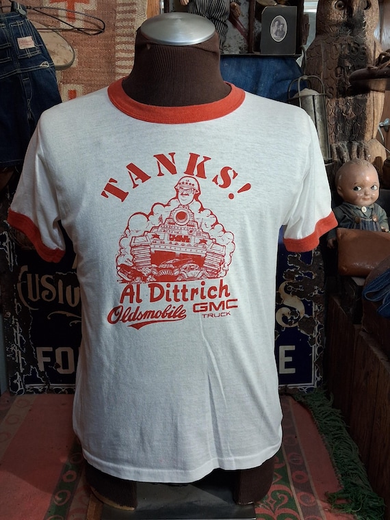 Vintage 80s TANKS Al Dittrich Oldsmobile Car Dealership Army Tank cartoon graphic soft paper thin single stitch ringer t shirt 40 M