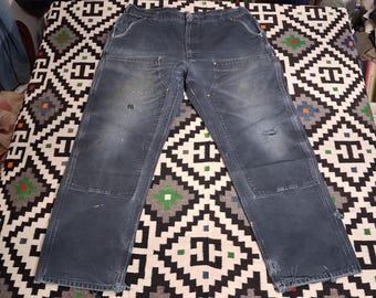 Vintage 80er 90er Jahre Schwarze Carhartt Doppelknie Perfekt verwaschene Canvas Jeans Hose 38 x 30