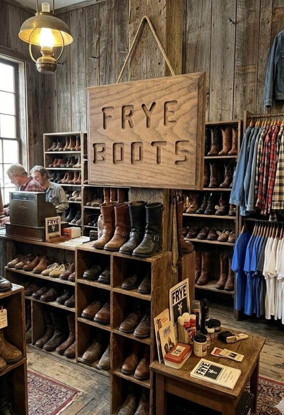 Frye, Antique Vintage 1950s 60s wood Frye Boots wooden engraved advertising wall pos store display sign