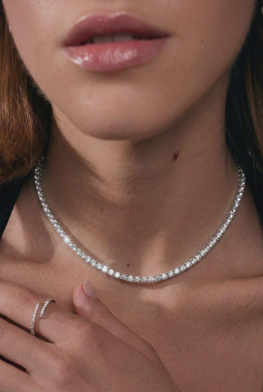 Dainty tennis necklace, Diamond Tennis Necklace, 2mm Diamond Chain,…