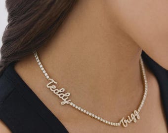 Diamond Tennis Name Necklace, Personalized Name Necklace, Custom 1 2 3 Name Necklace, Iced Out Gift for Her Mom Wife