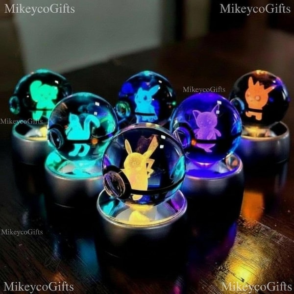 Pokemon Crystal Ball 3D LED Nachtlicht Pikachu Mewtu Mew Gengar Glaskugel Lampe, Pokeball Anime Dekor, Kinder Geburtstagsgeschenk