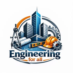 Könnte beinhalten: Ein Logo mit einer Stadtlandschaft mit Wolkenkratzern in Blau- und Grautönen, Werkzeugen und dem Text „Engineering for all“. Das Design umfasst einen Zirkel, Baupläne, eine Wasserwaage, ein Lineal, einen Helm und ein Zahnrad.