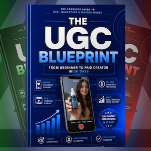 May include: A blue book titled The UGC Blueprint: From Beginner to Paid Creator in 30 Days. The cover features a smartphone displaying a person holding a bottle, surrounded by icons and text about creating content, working with brands, and scaling.