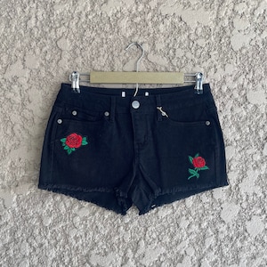 Black Denim Cut Off Shorts With Roses and Butterfly Patches, Size 11