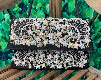 Vintage 70s Lillian Handmade Embroidered Clutch with Beads and Flowers, Made in Brazil