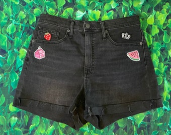 Madewell Black Denim High-Waisted Cut-Off Shorts with Patches, Size 28, Size 6