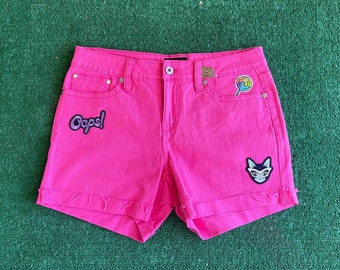 Hot Pink Jean Shorts with Patches, Cuffed Shorts,  Size 10
