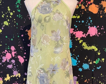 Y2K Green and Purple Floral Print Halter Top Dress, Size Medium
