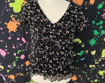 Y2K A.M.I. Black Floral Print Blouse with Sheer See-Through Sleeves, Size Large