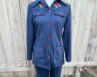 Vintage 70s Jean Like Two Piece Pants Suit with Embroidered Roses, Women's Size 8