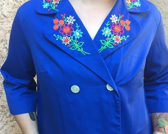 Vintage 1970s Blue Peacoat, Vintage Coat, Hand Embroidered