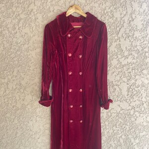 Vintage 70s Red Velvet Double Breasted Floor-length Trench Coat 