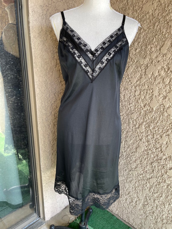 Vintage Black Nylon Dress Slip with Lace Trim, Si… - image 2