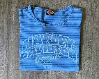Vintage Harley Davidson Blue Striped T-shirt, Made in the USA, Women's Size XL