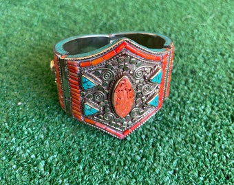 Silver, Turquoise Stone, and Sherpa Coral Stone Cuff Bracelet