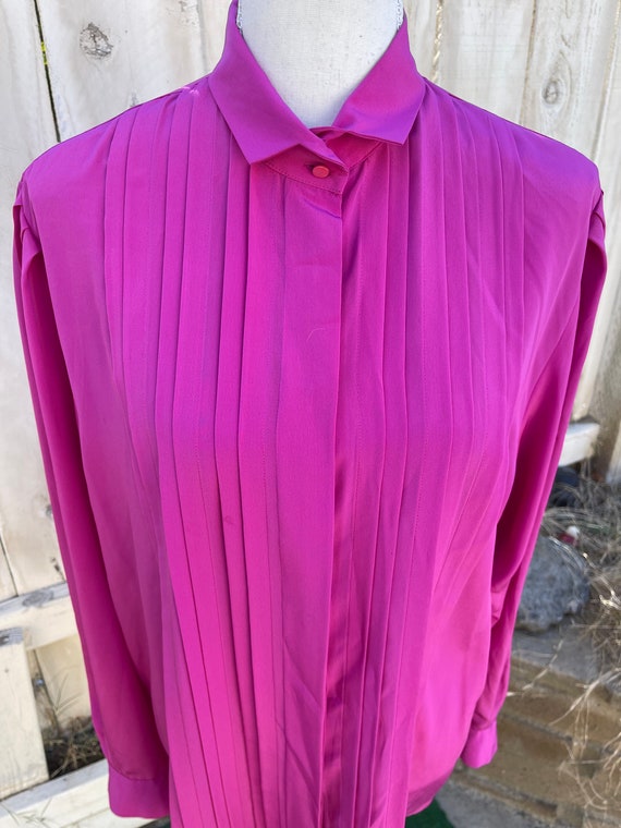 Vintage 80s Pink/Fuscia Long Sleeve Blouse, Puffy… - image 2