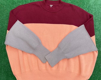 Free People Oversized Baggy Color Block Knitted Pullover Sweater, Unisex Size Small