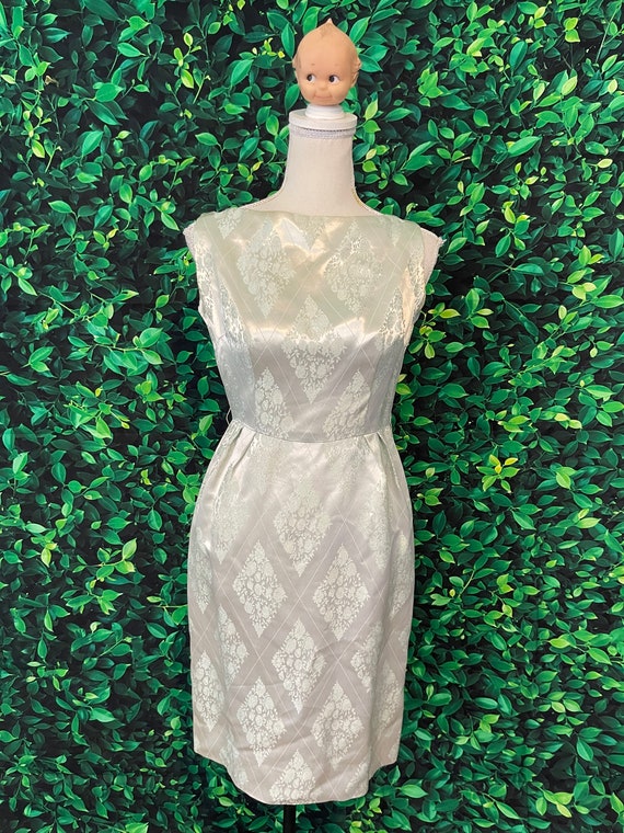 Vintage 70s Light Mint Green Brocade Midi Dress, S